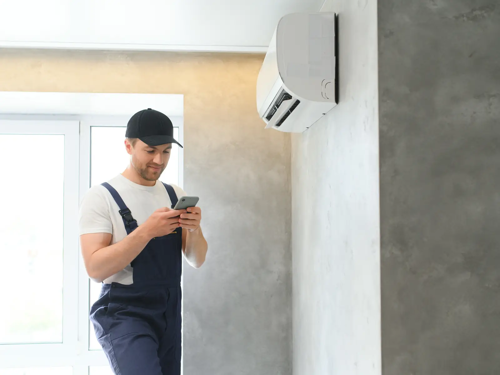 Installateur vérifiant une climatisation murale qui vient d'être posée